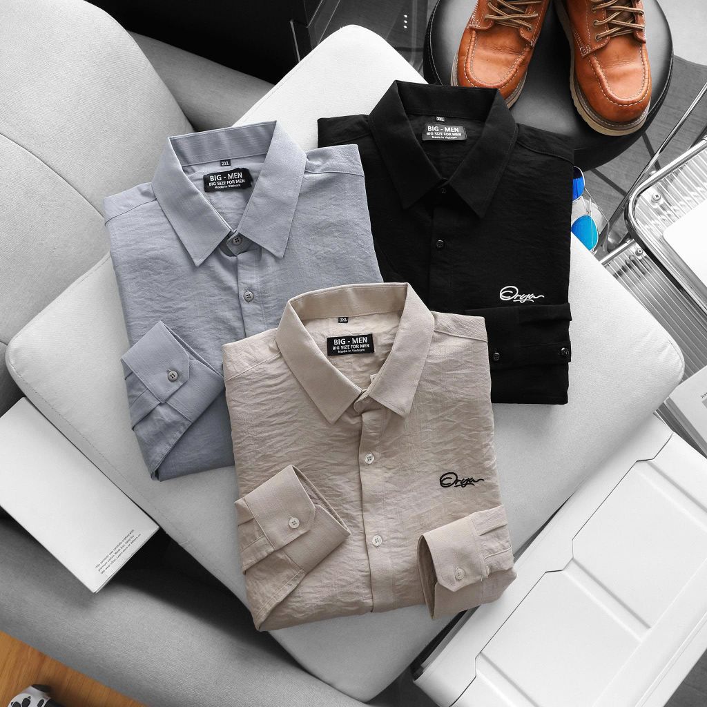 [ Big Men] Áo sơ mi tay dài vải đũi thêu chữ bigsize nam thời trang 80- 130 kg