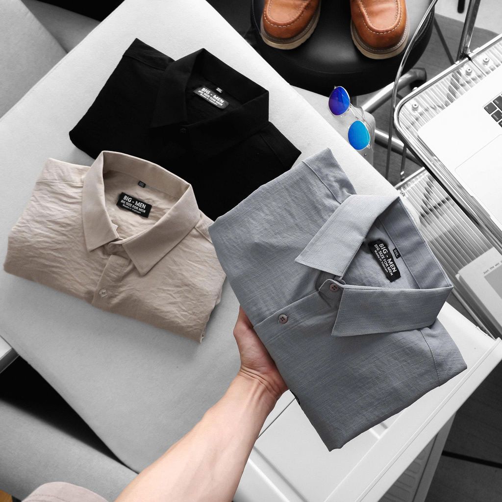 [ Big Men] Áo sơ mi tay dài vải đũi thêu chữ bigsize nam thời trang 80- 130 kg