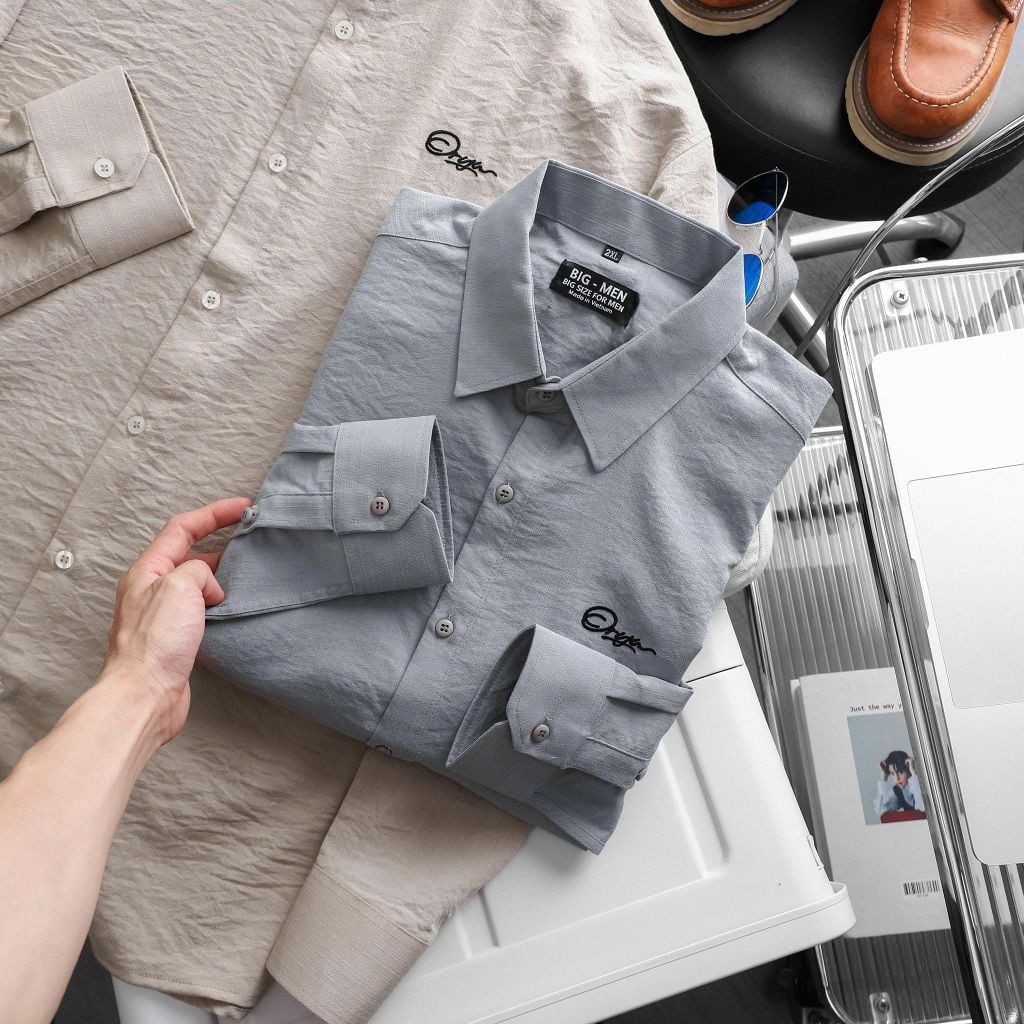 [ Big Men] Áo sơ mi tay dài vải đũi thêu chữ bigsize nam thời trang 80- 130 kg