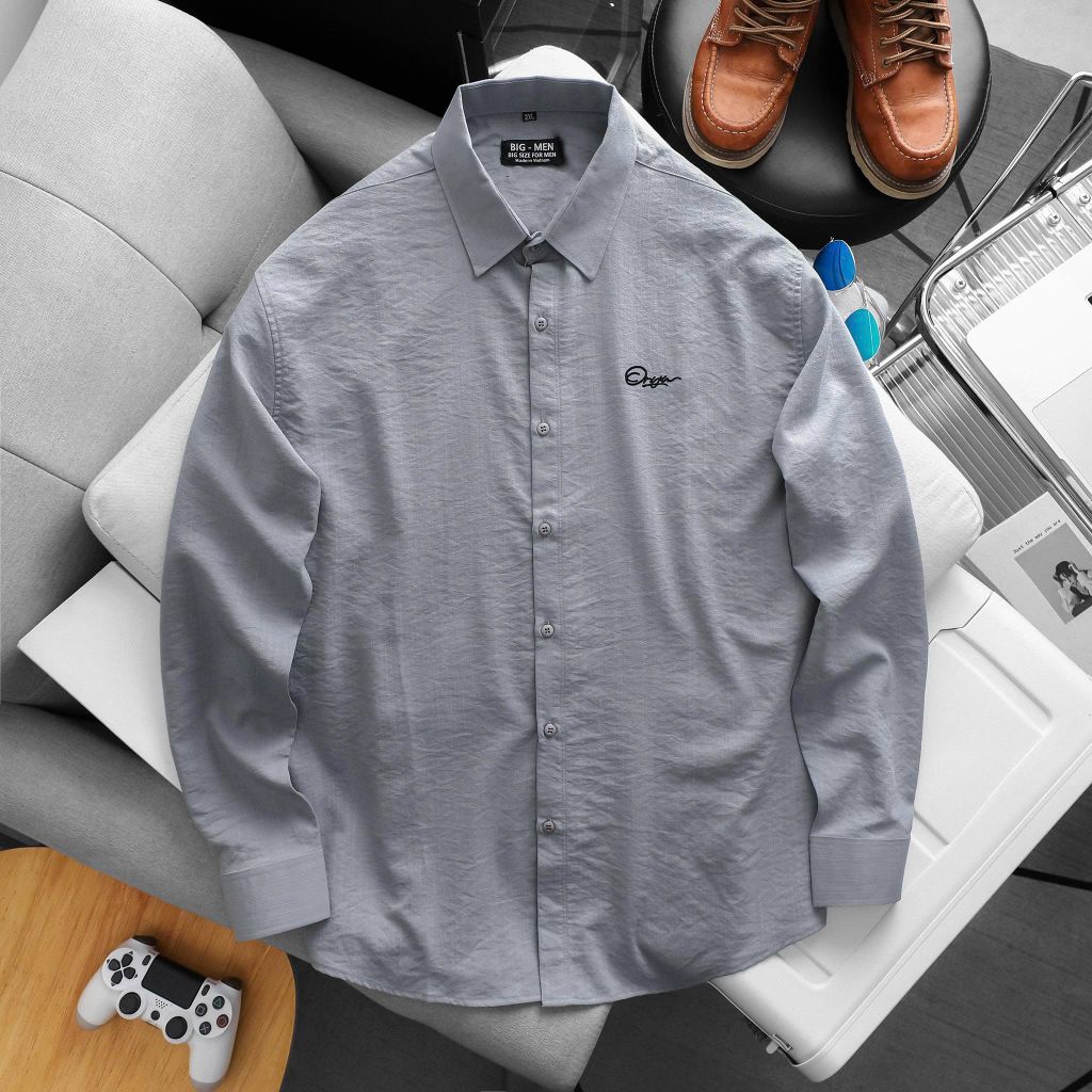 [ Big Men] Áo sơ mi tay dài vải đũi thêu chữ bigsize nam thời trang 80- 130 kg