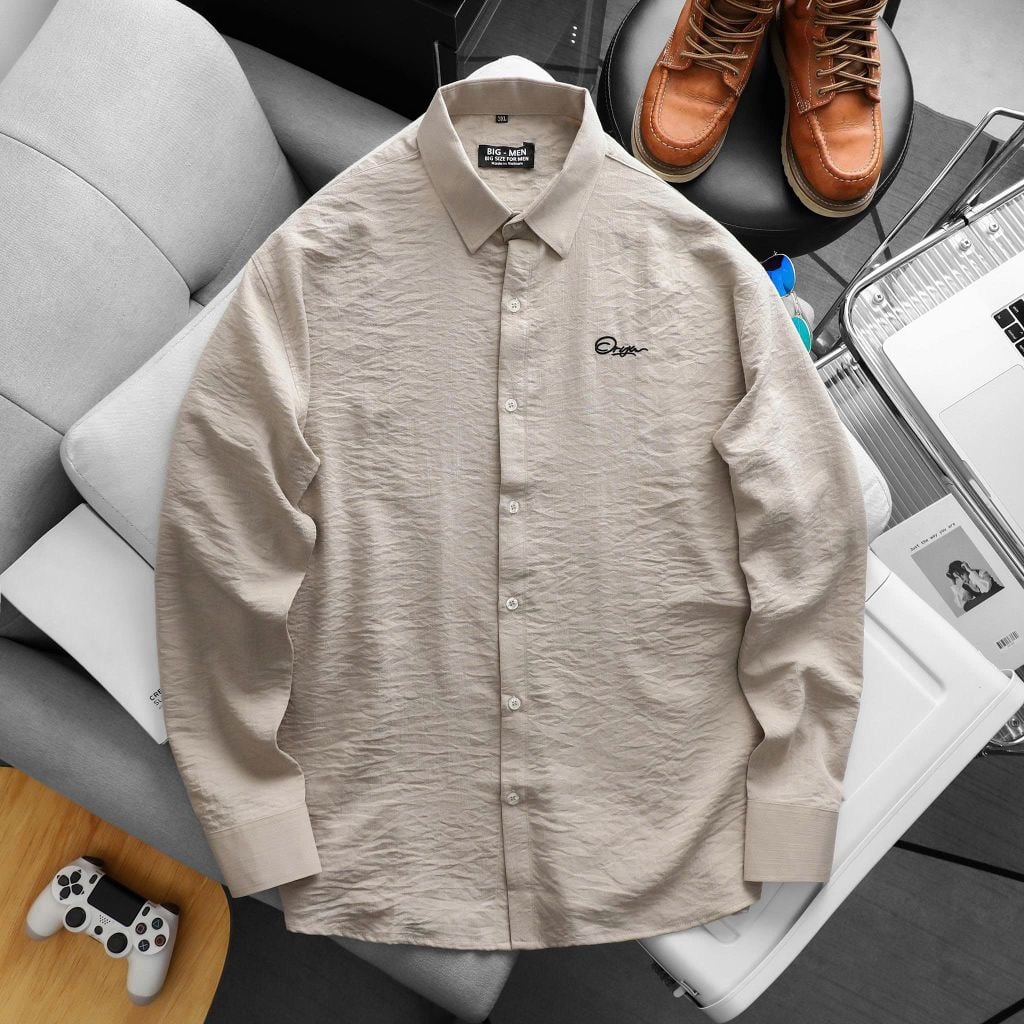 [ Big Men] Áo sơ mi tay dài vải đũi thêu chữ bigsize nam thời trang 80- 130 kg
