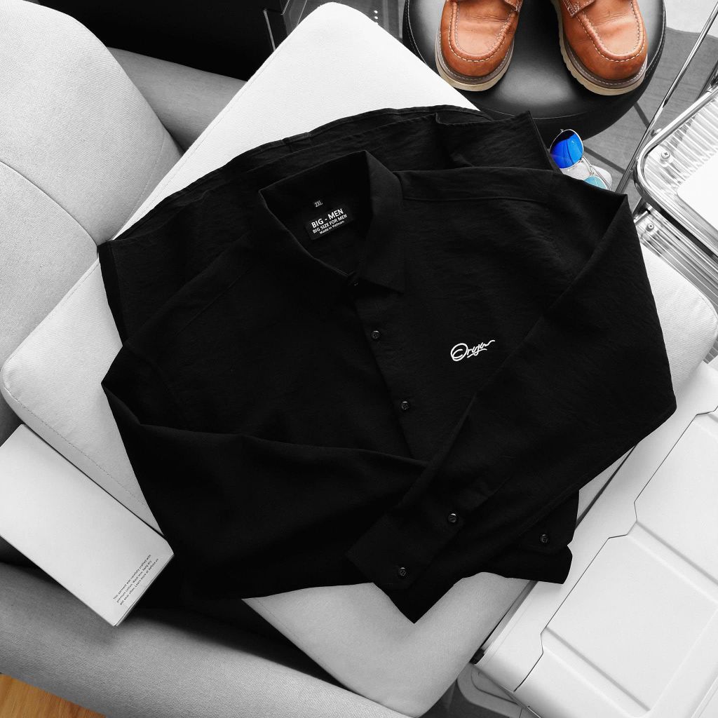 [ Big Men] Áo sơ mi tay dài vải đũi thêu chữ bigsize nam thời trang 80- 130 kg