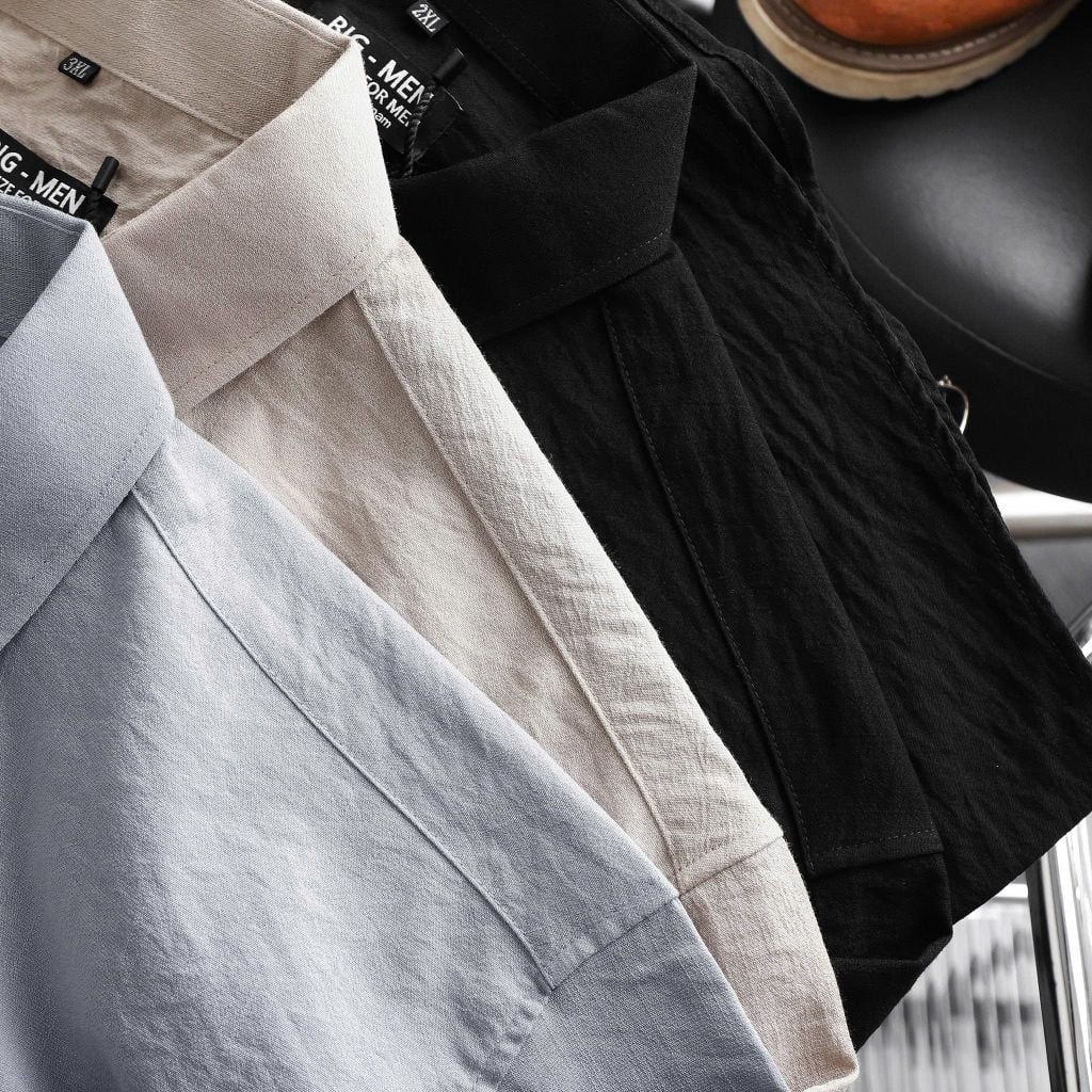 [ Big Men] Áo sơ mi tay dài vải đũi thêu chữ bigsize nam thời trang 80- 130 kg