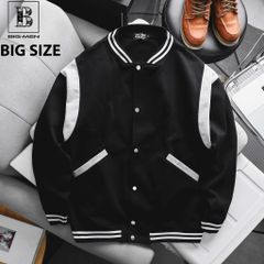 Big Men- Áo khoác bomber phong cách bóng chày bigsize nam vải nỉ phối vai viền sọc trắng thời trang< 140kg