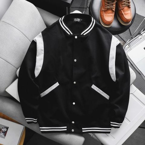 Big Men- Áo khoác bomber phong cách bóng chày bigsize nam vải nỉ phối vai viền sọc trắng thời trang< 140kg