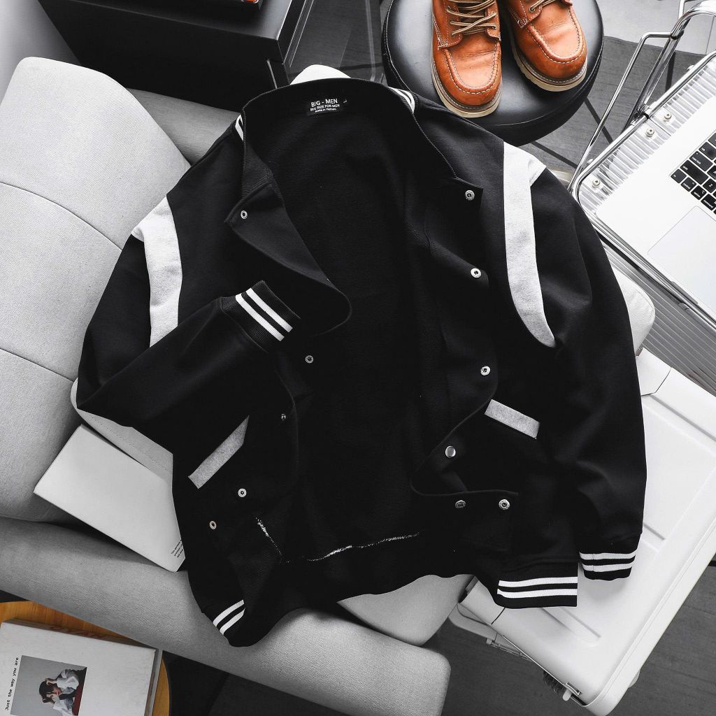 Big Men- Áo khoác bomber phong cách bóng chày bigsize nam vải nỉ phối vai viền sọc trắng thời trang< 140kg