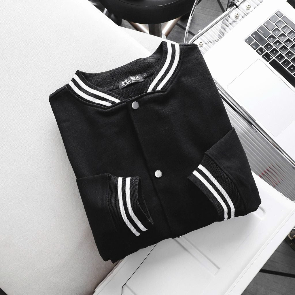 Big Men- Áo khoác bomber phong cách bóng chày bigsize nam vải nỉ phối vai viền sọc trắng thời trang< 140kg