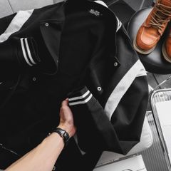 Big Men- Áo khoác bomber phong cách bóng chày bigsize nam vải nỉ phối vai viền sọc trắng thời trang< 140kg