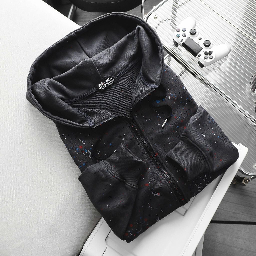 Áo khoác nỉ bigsize nam tông màu đen xám phun sơn thời trang 90- 140kg