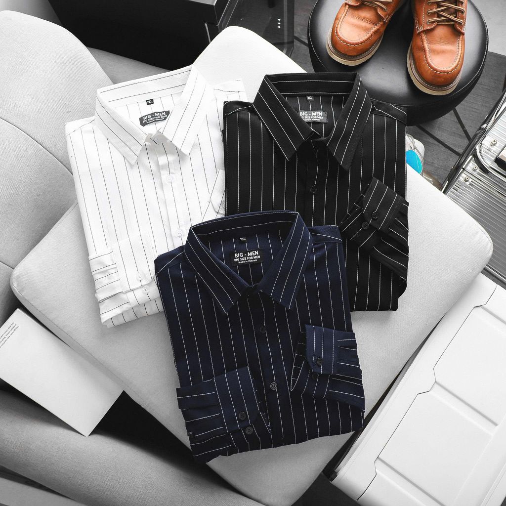 Áo sơ mi tay dài vải cotton gân phối sọc dọc bigsize nam