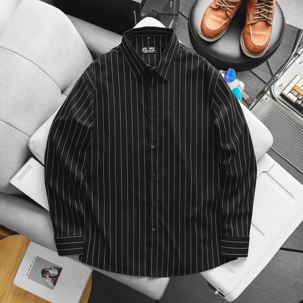 Áo sơ mi tay dài vải cotton gân phối sọc dọc bigsize nam