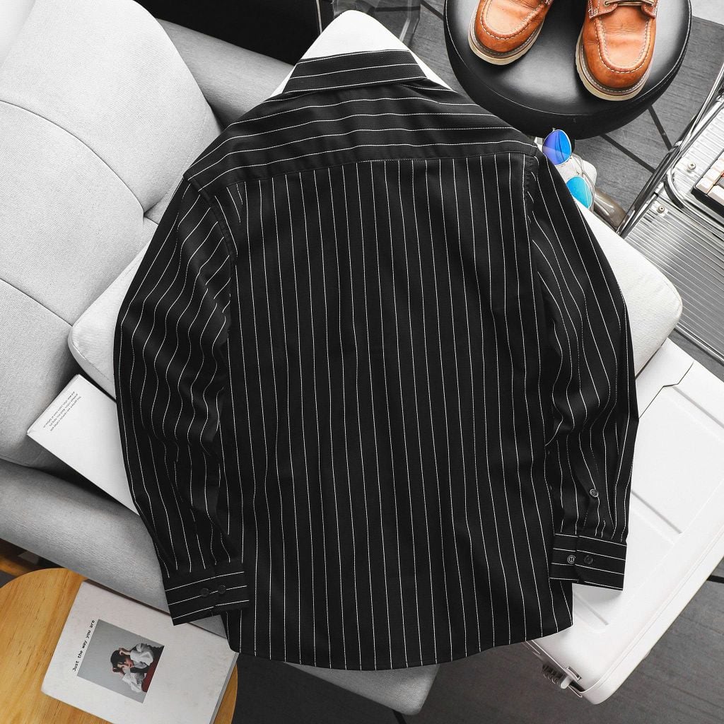 Áo sơ mi tay dài vải cotton gân phối sọc dọc bigsize nam