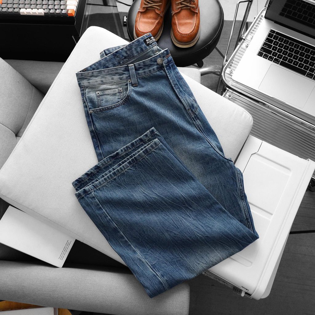 Quần jean big size nam ống rộng màu xanh 01