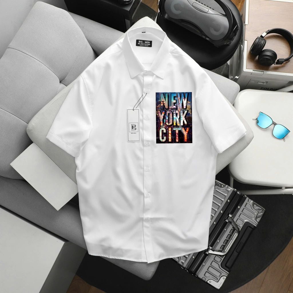 BIG MEN- Áo sơ mi tay ngắn vải kate lụa in chữ NYC hiện đại thời trang bigsize nam 70- 140kg