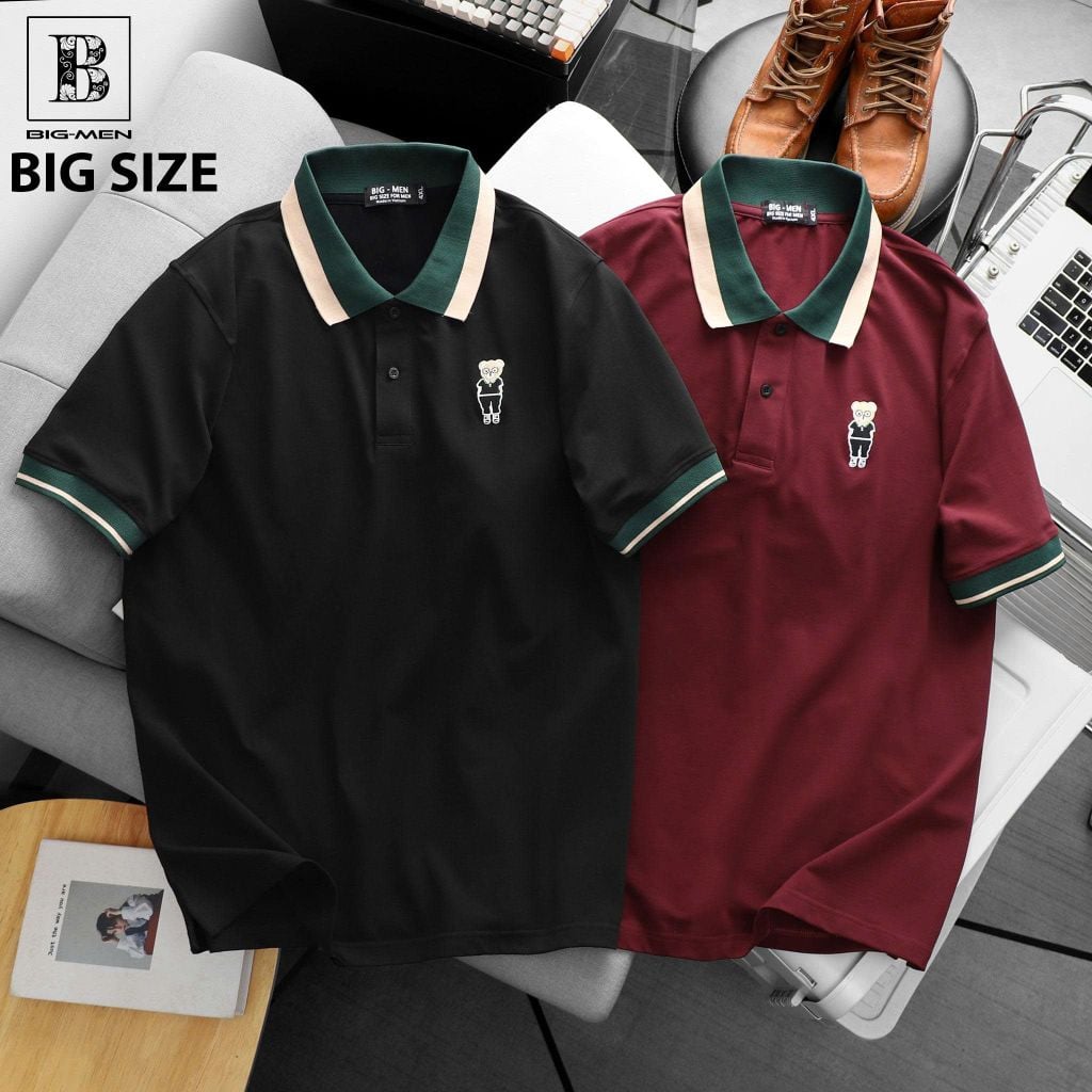 Áo thun polo phối cổ thêu gấu bigsize nam 85-145kg