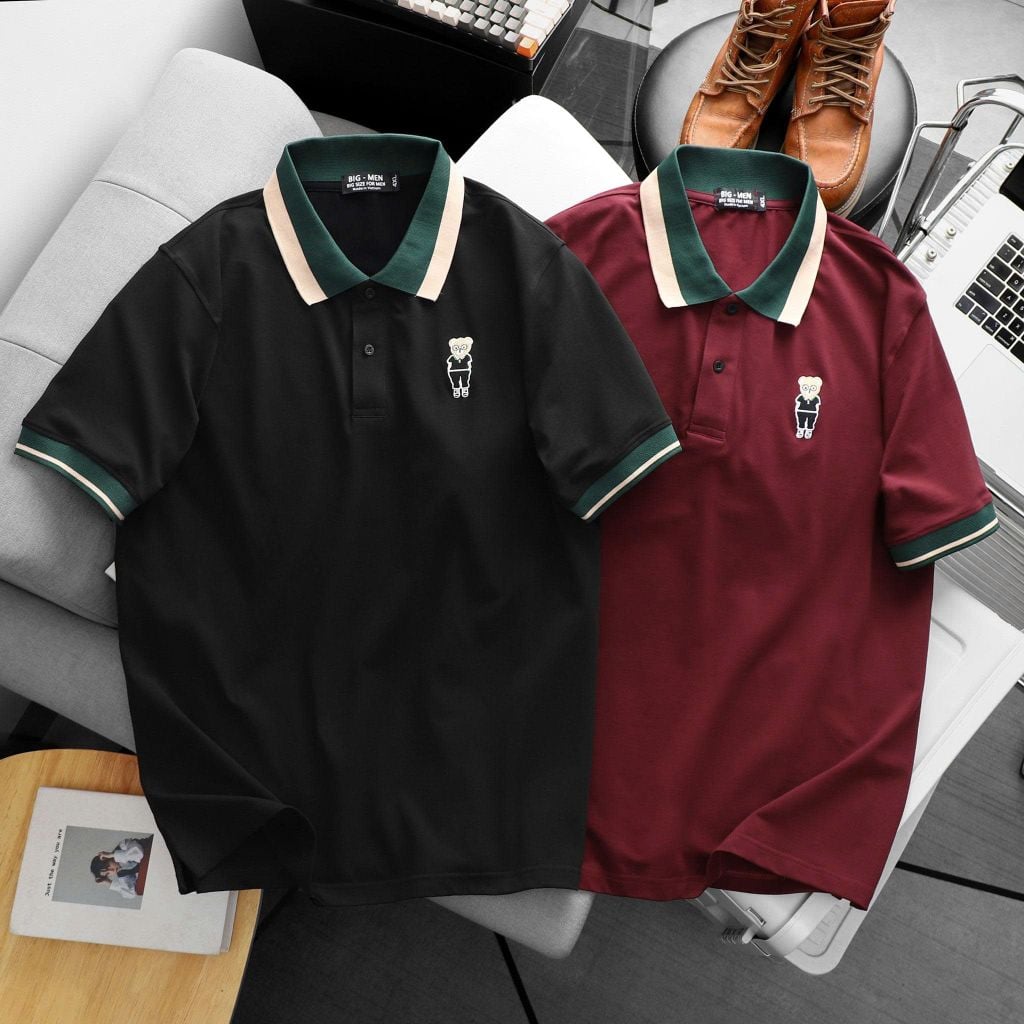 Áo thun polo phối cổ thêu gấu bigsize nam 85-145kg
