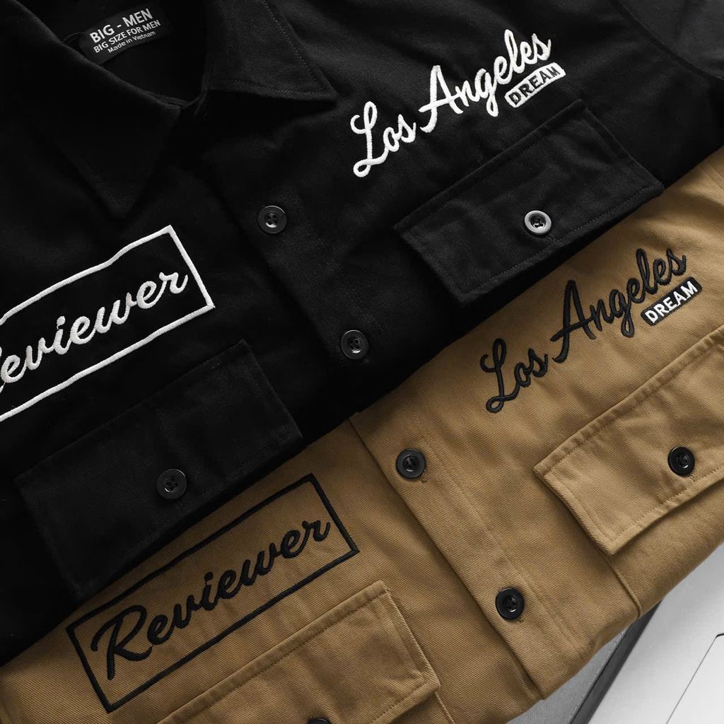 Áo sơ mi tay ngắn vải kaki thêu chữ phối túi bigsize nam