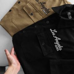 Áo sơ mi tay ngắn vải kaki thêu chữ phối túi bigsize nam