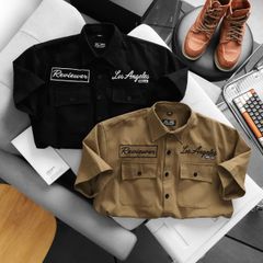 Áo sơ mi tay ngắn vải kaki thêu chữ phối túi bigsize nam