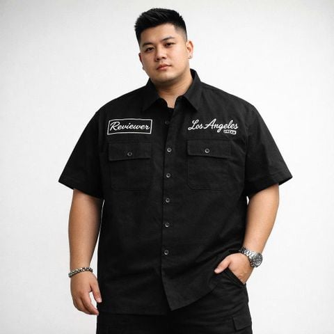 Áo sơ mi tay ngắn vải kaki thêu chữ phối túi bigsize nam