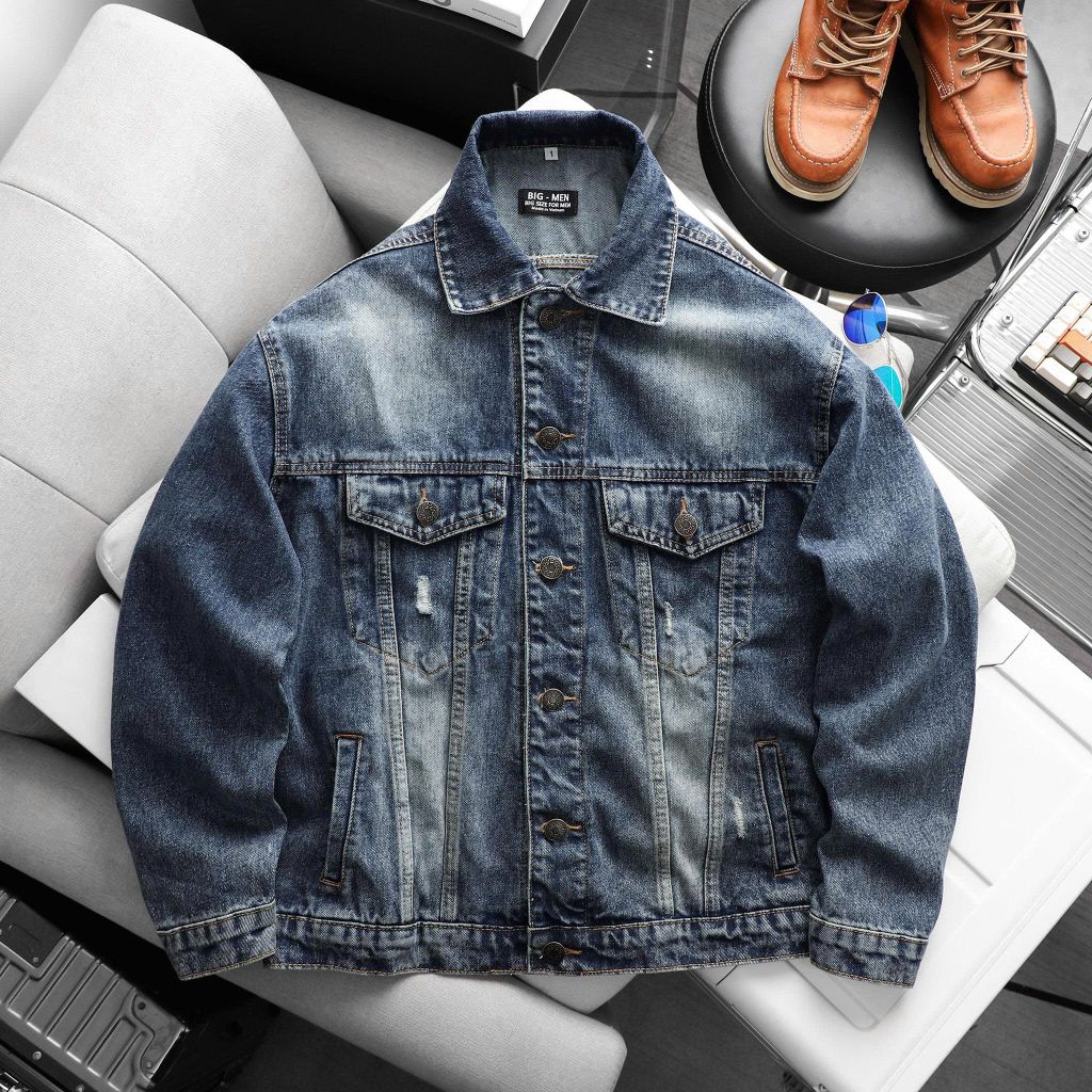 Áo khoác jean wash rách tông màu xanh cá tính, hiện đại bigsize nam 85- 125kg