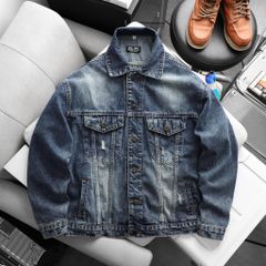 Áo khoác jean wash rách tông màu xanh cá tính, hiện đại bigsize nam 85- 125kg