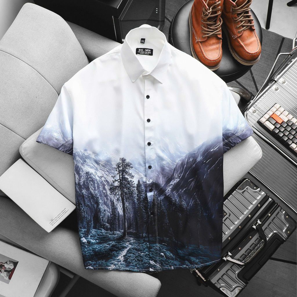 [Big Men] Áo sơ mi tay ngắn big size nam họa tiết phong cảnh thời trang 80-130kg.