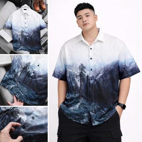 [Big Men] Áo sơ mi tay ngắn big size nam họa tiết phong cảnh thời trang 80-130kg.