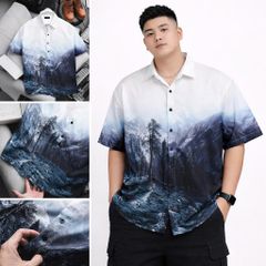 [Big Men] Áo sơ mi tay ngắn big size nam họa tiết phong cảnh thời trang 80-130kg.