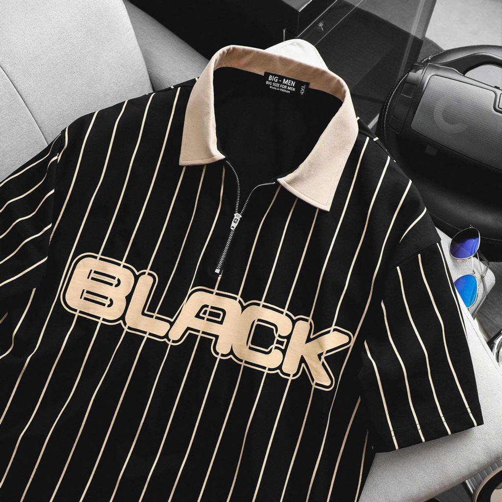 Áo thun polo chất vải cotton họa tiết sọc dọc Black thời trang bigsize nam 85- 135 kg