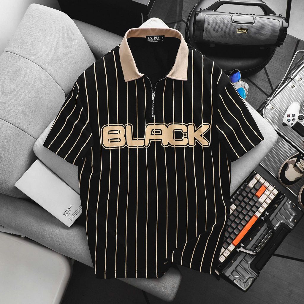Áo thun polo chất vải cotton họa tiết sọc dọc Black thời trang bigsize nam 85- 135 kg