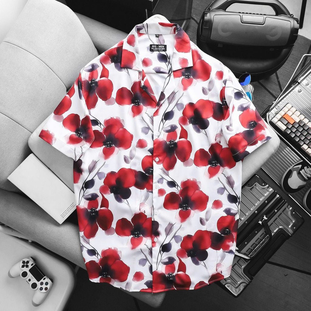 Áo sơ mi tay ngắn cổ đan tông/ cổ vest họa tiết hoa thời trang bigsize nam < 140kg