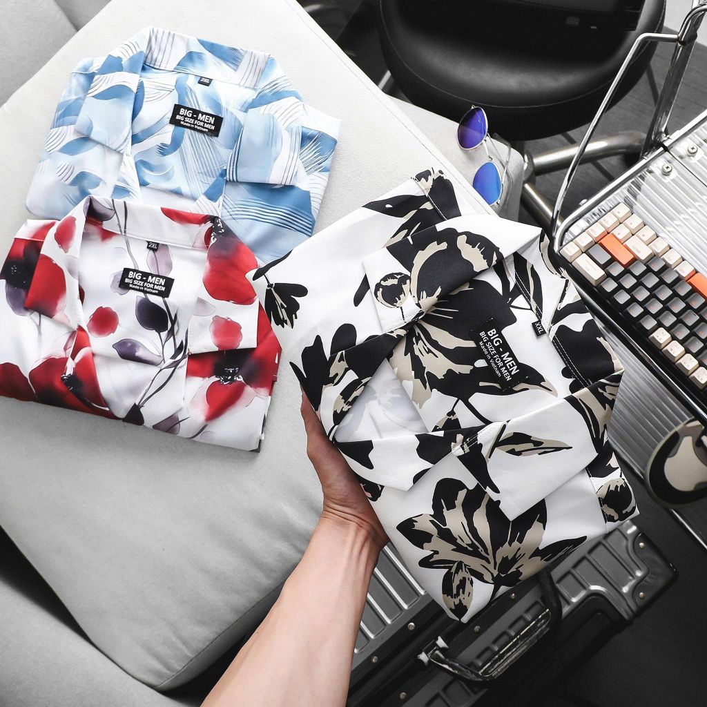 Áo sơ mi tay ngắn cổ đan tông/ cổ vest họa tiết hoa thời trang bigsize nam < 140kg