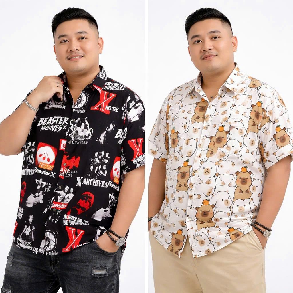 BIG MEN- Áo sơ mi tay ngắn họa tiết mùa hè hoạt hình bigsize nam 80- 130 kg