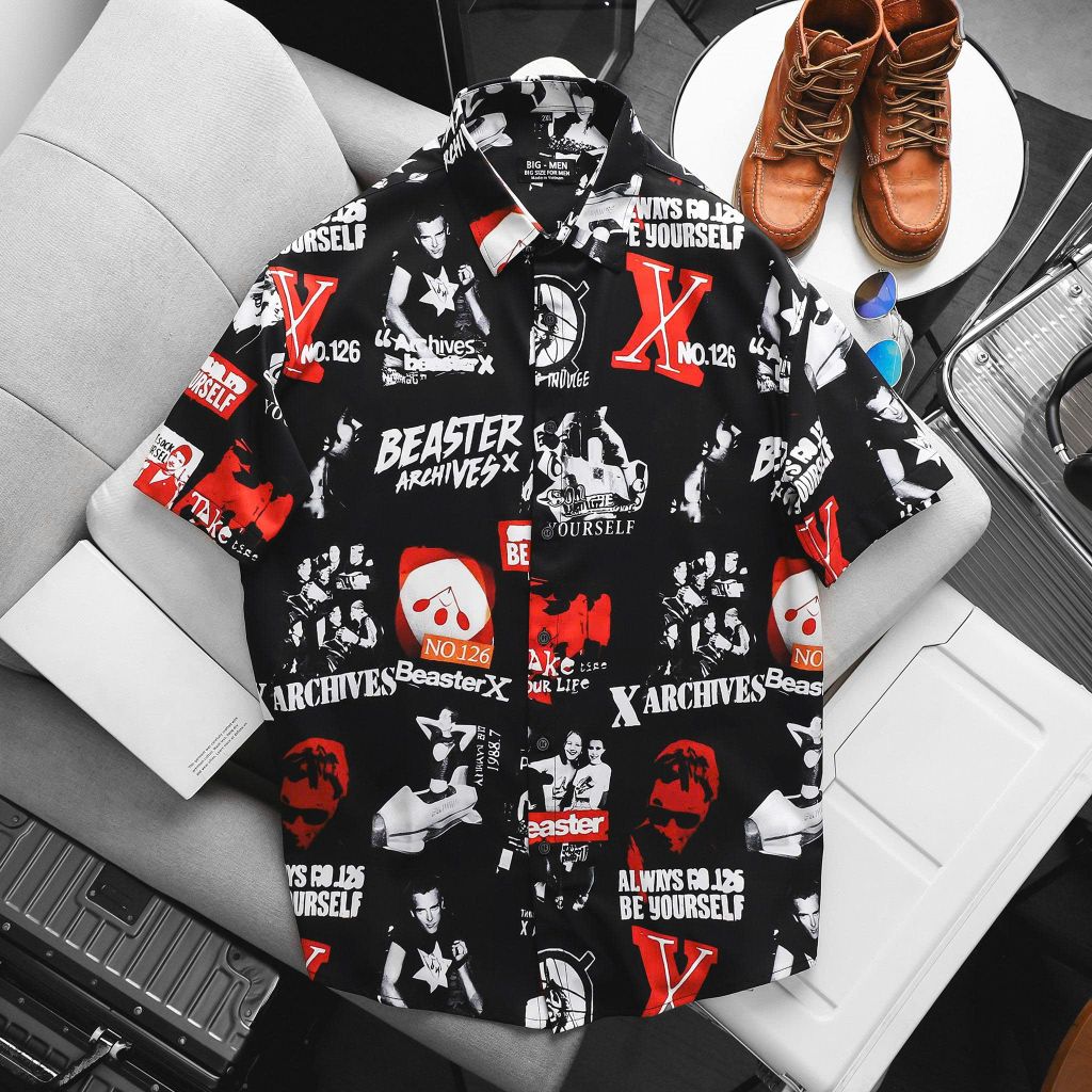 BIG MEN- Áo sơ mi tay ngắn họa tiết mùa hè hoạt hình bigsize nam 80- 130 kg