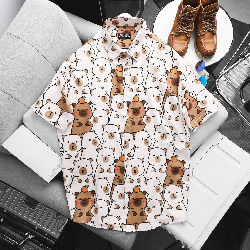 BIG MEN- Áo sơ mi tay ngắn họa tiết mùa hè hoạt hình bigsize nam 80- 130 kg