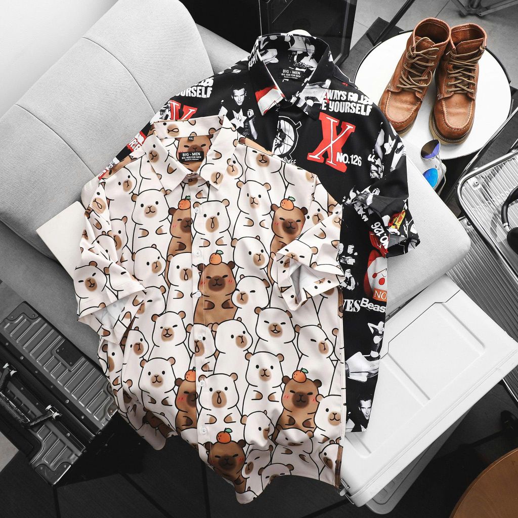 BIG MEN- Áo sơ mi tay ngắn họa tiết mùa hè hoạt hình bigsize nam 80- 130 kg