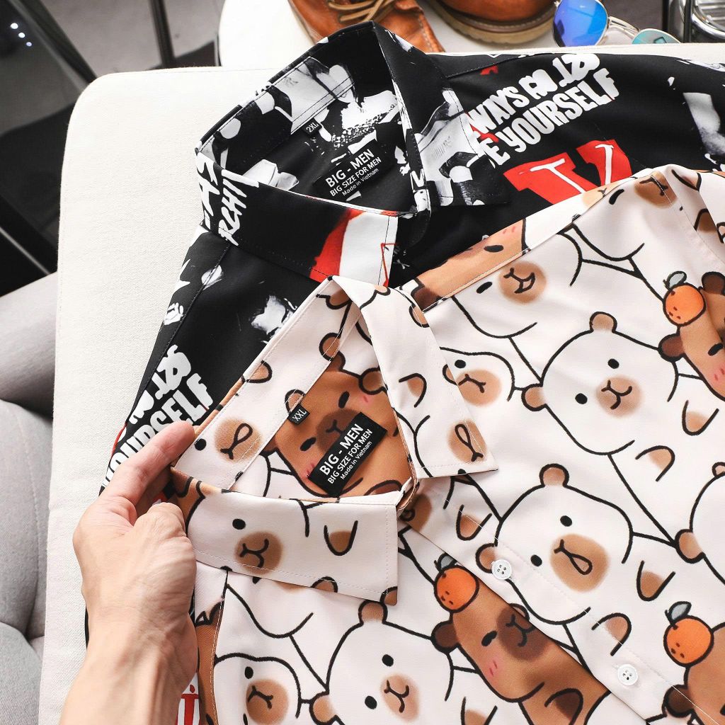 BIG MEN- Áo sơ mi tay ngắn họa tiết mùa hè hoạt hình bigsize nam 80- 130 kg