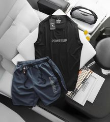 BIG MEN- Set bộ quần áo thể thao vải thun lạnh, short phối hai lớp in POWERUP bigsize nam 85- 135kg