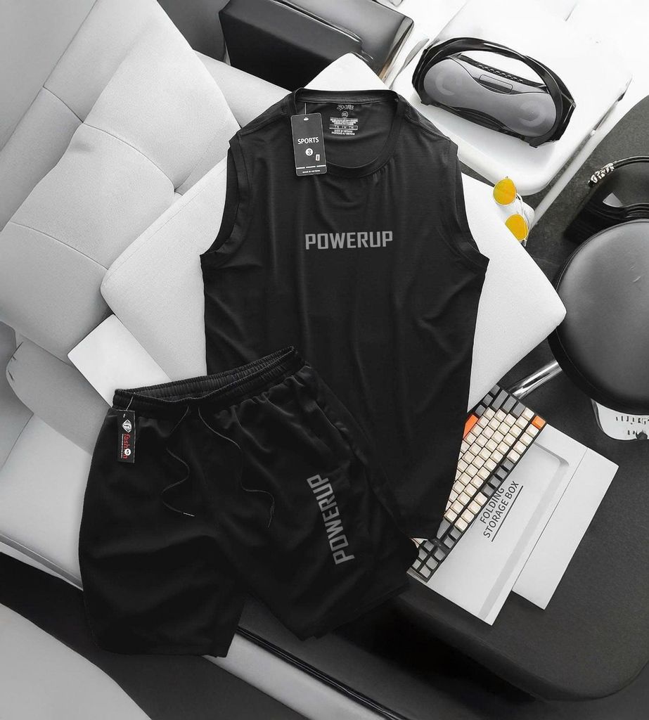 BIG MEN- Set bộ quần áo thể thao vải thun lạnh, short phối hai lớp in POWERUP bigsize nam 85- 135kg