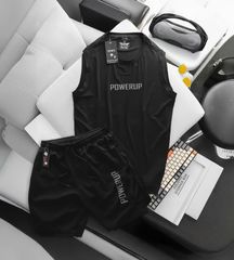 BIG MEN- Set bộ quần áo thể thao vải thun lạnh, short phối hai lớp in POWERUP bigsize nam 85- 135kg
