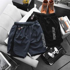 BIG MEN- Set bộ quần áo thể thao vải thun lạnh, short phối hai lớp in POWERUP bigsize nam 85- 135kg