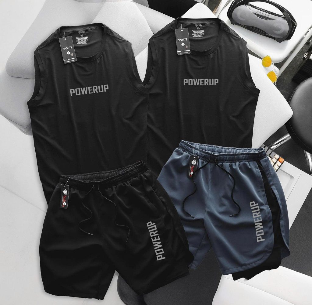 BIG MEN- Set bộ quần áo thể thao vải thun lạnh, short phối hai lớp in POWERUP bigsize nam 85- 135kg