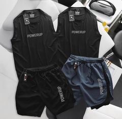 BIG MEN- Set bộ quần áo thể thao vải thun lạnh, short phối hai lớp in POWERUP bigsize nam 85- 135kg