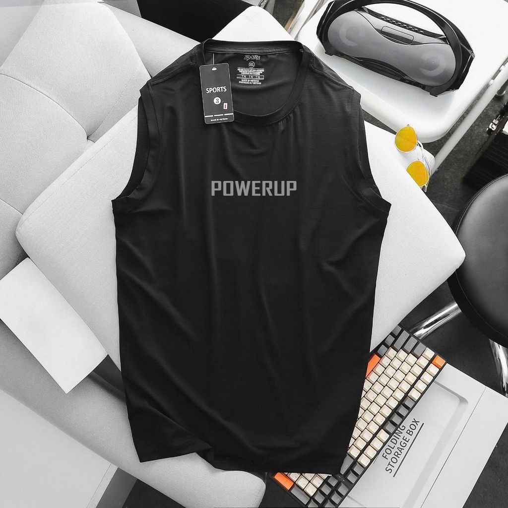 BIG MEN- Set bộ quần áo thể thao vải thun lạnh, short phối hai lớp in POWERUP bigsize nam 85- 135kg