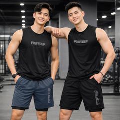 BIG MEN- Set bộ quần áo thể thao vải thun lạnh, short phối hai lớp in POWERUP bigsize nam 85- 135kg