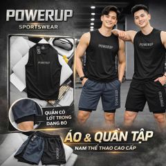 BIG MEN- Set bộ quần áo thể thao vải thun lạnh, short phối hai lớp in POWERUP bigsize nam 85- 135kg