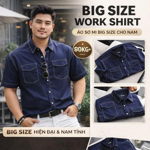 BIG MEN- Áo sơ mi tay ngắn bigsize nam vải mango xanh đen viền chỉ nổi bật phong cách trẻ trung thời trang Big Men