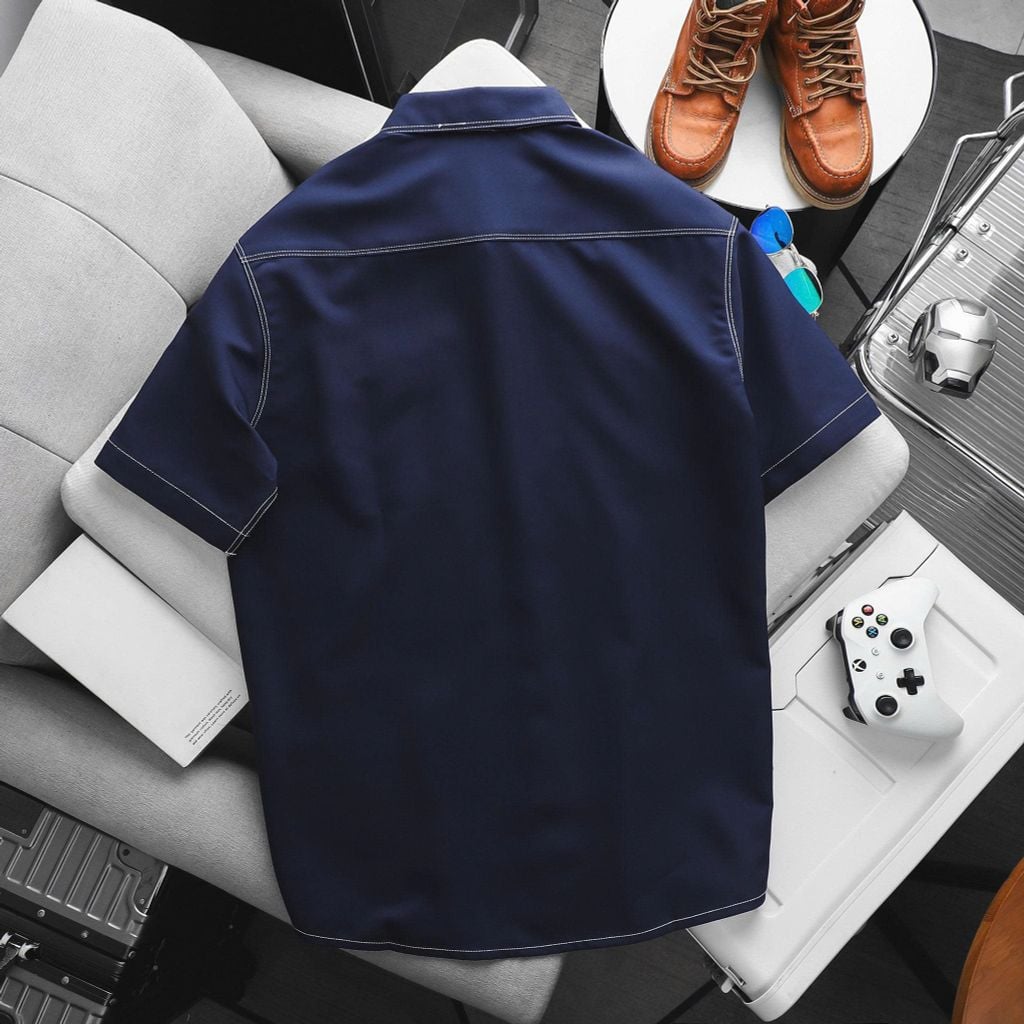 BIG MEN- Áo sơ mi tay ngắn bigsize nam vải mango xanh đen viền chỉ nổi bật phong cách trẻ trung thời trang Big Men