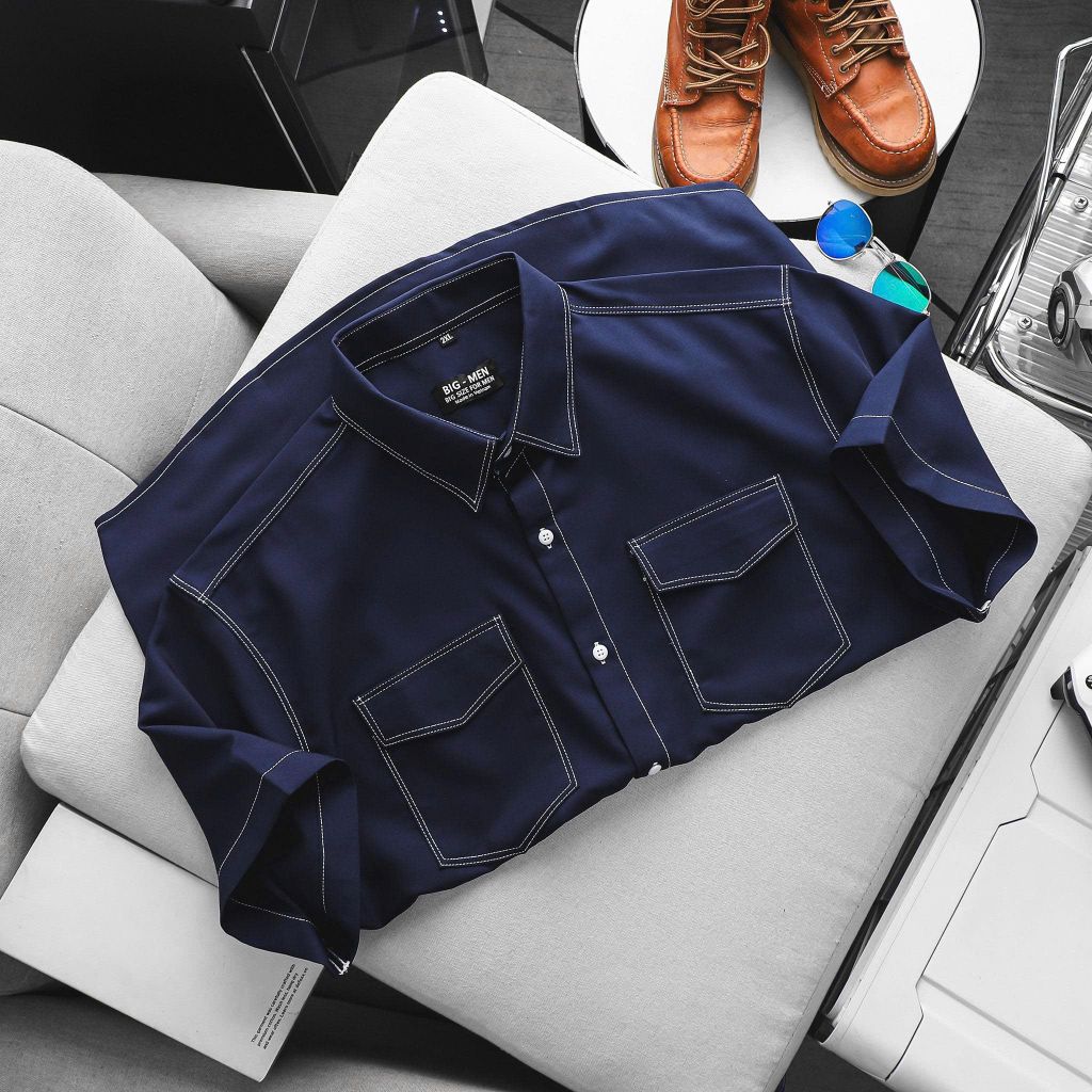 BIG MEN- Áo sơ mi tay ngắn bigsize nam vải mango xanh đen viền chỉ nổi bật phong cách trẻ trung thời trang Big Men